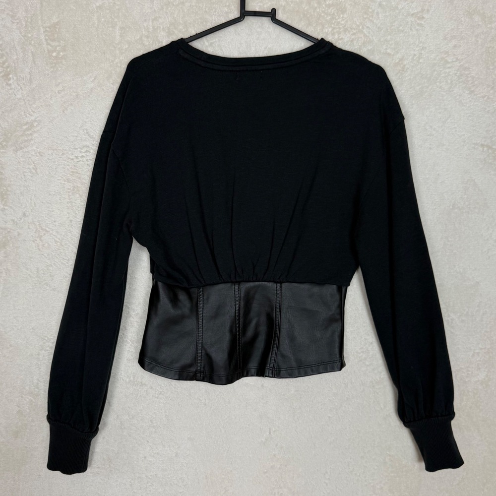 Black Corset Waist Top Faux Leather Panel Crop Long Sleeve Y2K Baddie Chic XS - Picture 2 of 6